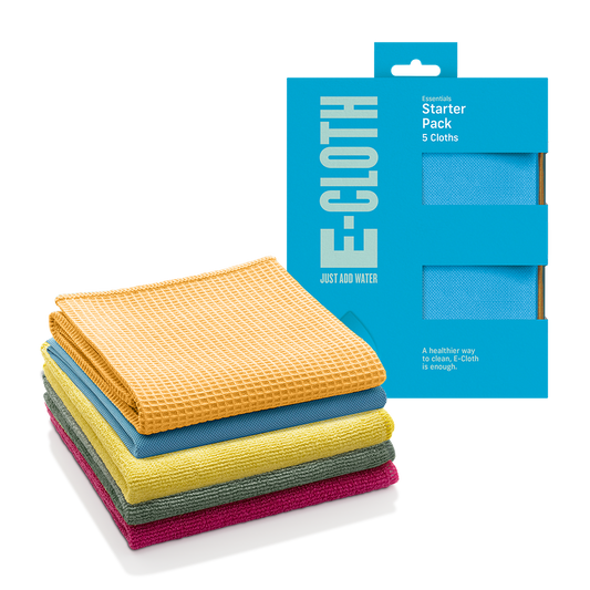 I denne startpakken fra E-cloth kan du bytte ut alle klutene dine med en gang for å vaske alle flater i alle rom uten kjemikalier