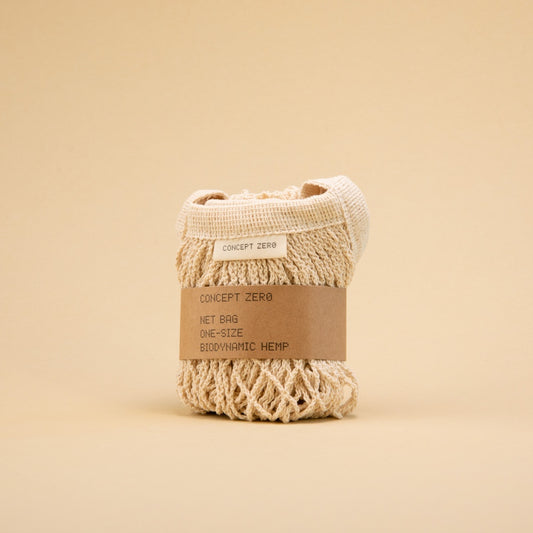 Concept Zero nettingnett i biodynamisk hamp. Erstatt plastposen med et gjenbrukbart alternativ.